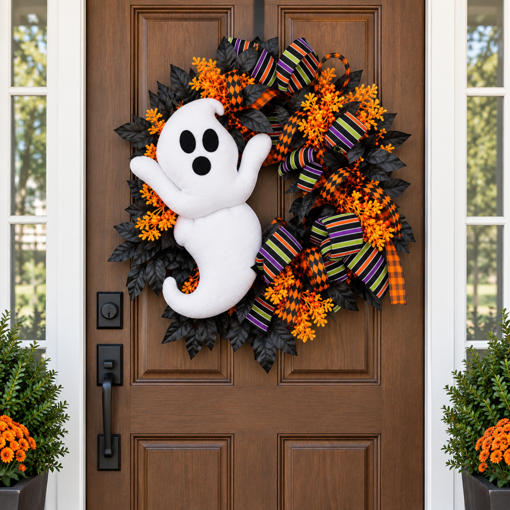 The Matthew John Collective 24-inch handmade Halloween wreath with a plush ghost, black foliage, and striped ribbons.