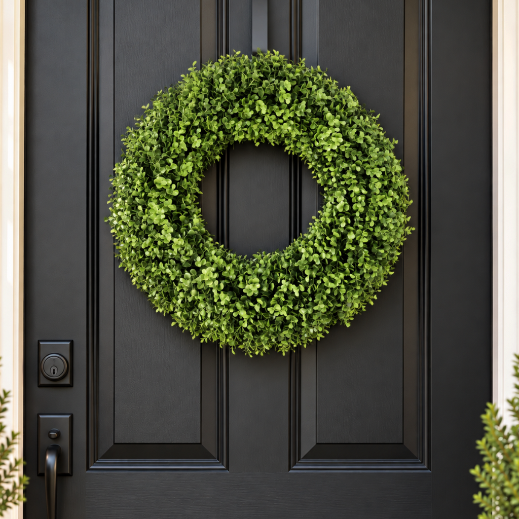The Matthew John Collective 19-inch UV-resistant artificial boxwood wreath hanging on a black front door.