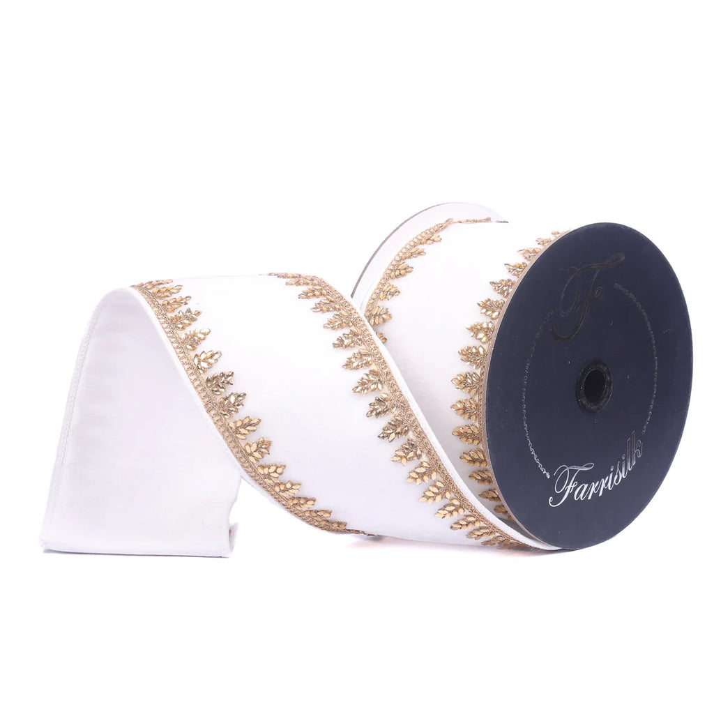 Farrisilk Pinyon Jewel Ivory Designer Ribbon, Gold Leaf Trim Christmas Ribbon, 4" x 5 Yards