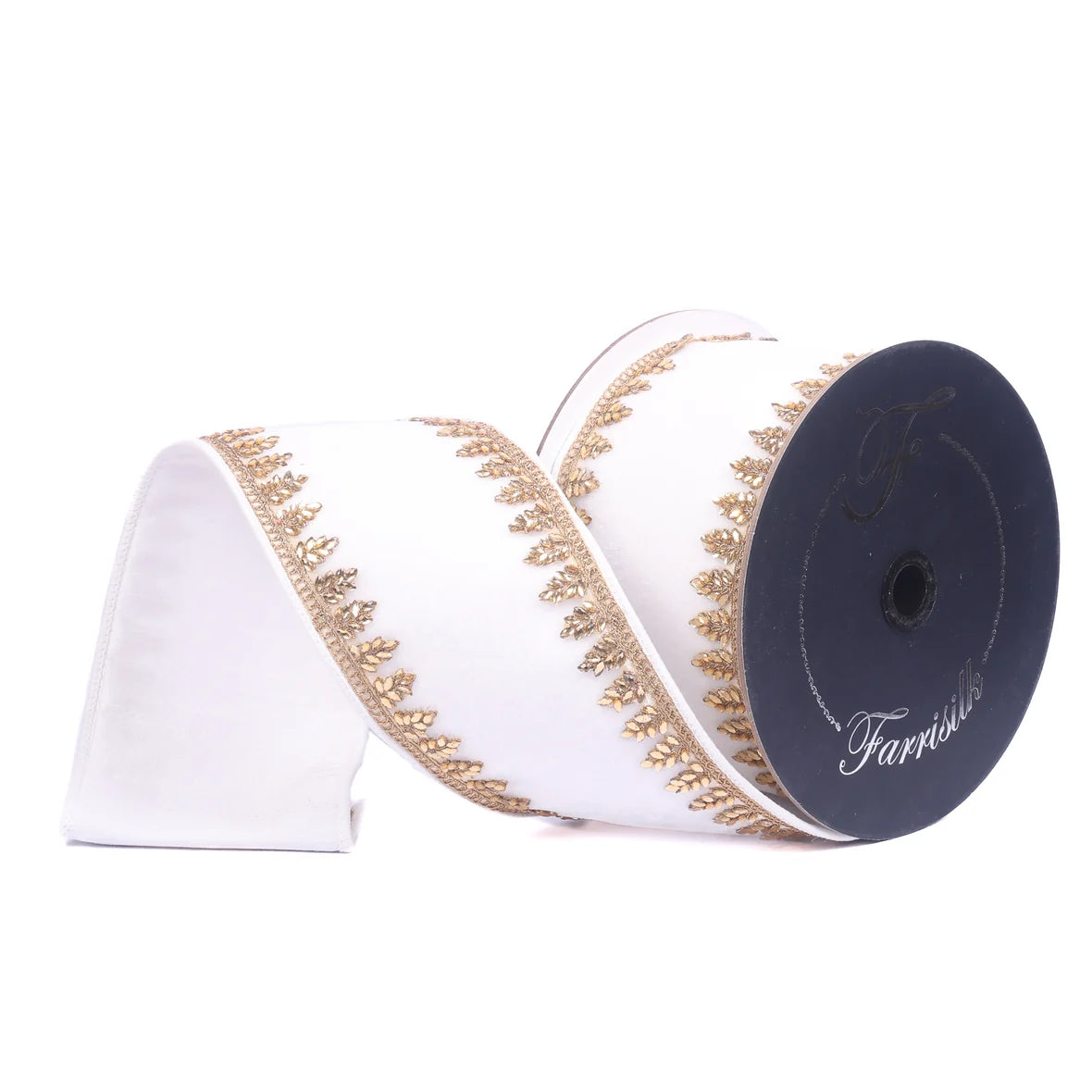 Farrisilk Pinyon Jewel Ivory Designer Ribbon, Gold Leaf Trim Christmas Ribbon, 4" x 5 Yards