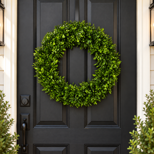 Artificial Boxwood Wreath, Everyday Greenery Front Door Wreath, Year Round Home Décor, 18”