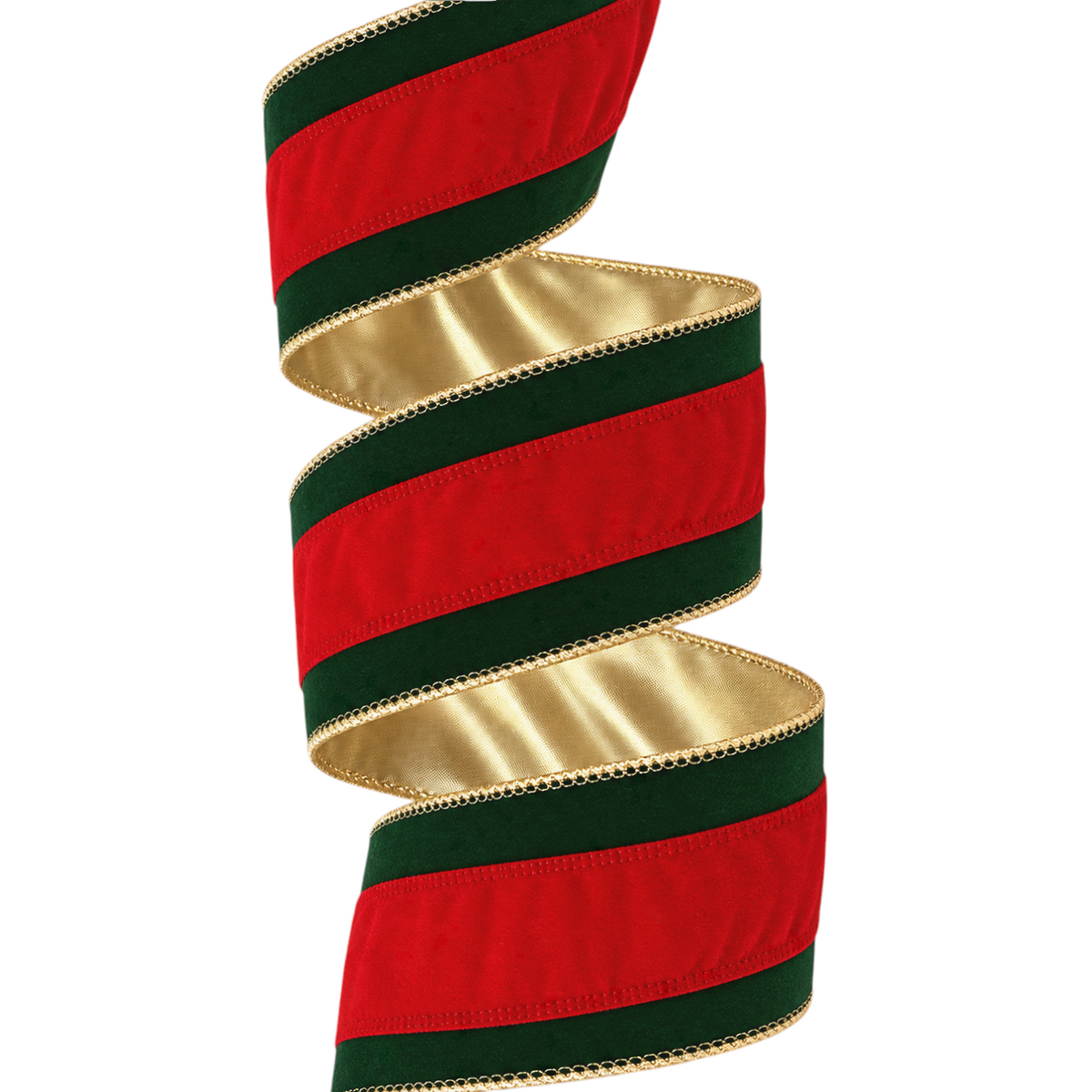 The Matthew John Collective flocked green velvet Christmas ribbon with red stripe and gold wired edges on a white background
