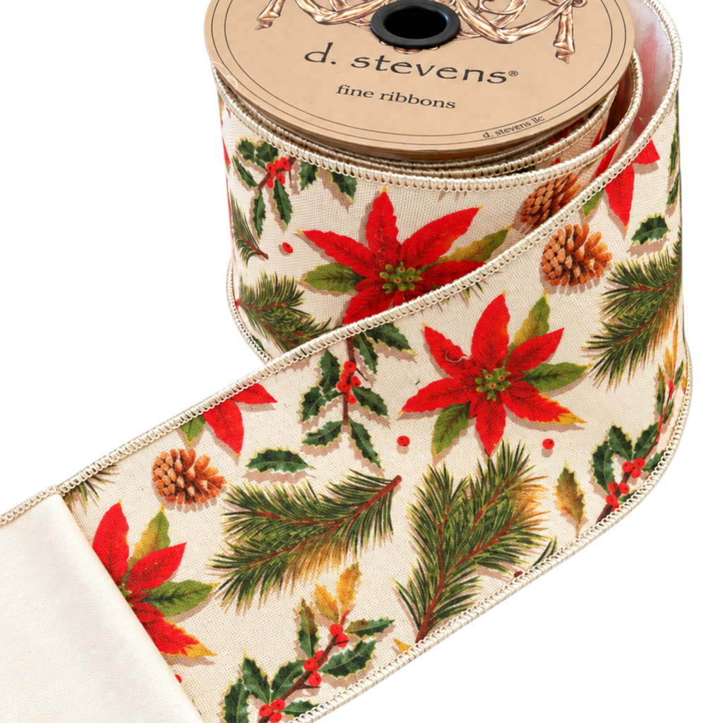 D. Stevens ivory wired Christmas ribbon featuring red poinsettias, pinecones, and evergreen foliage, 4 inches wide.
