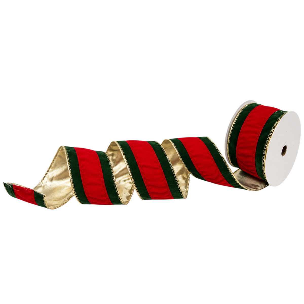 The Matthew John Collective flocked green velvet and red striped wired Christmas ribbon on a 10-yard roll.