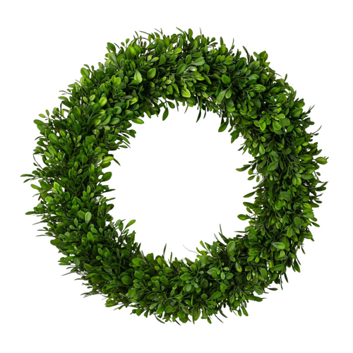 The Matthew John Collective 18-inch artificial boxwood wreath with lush green leaves on a round twig frame.