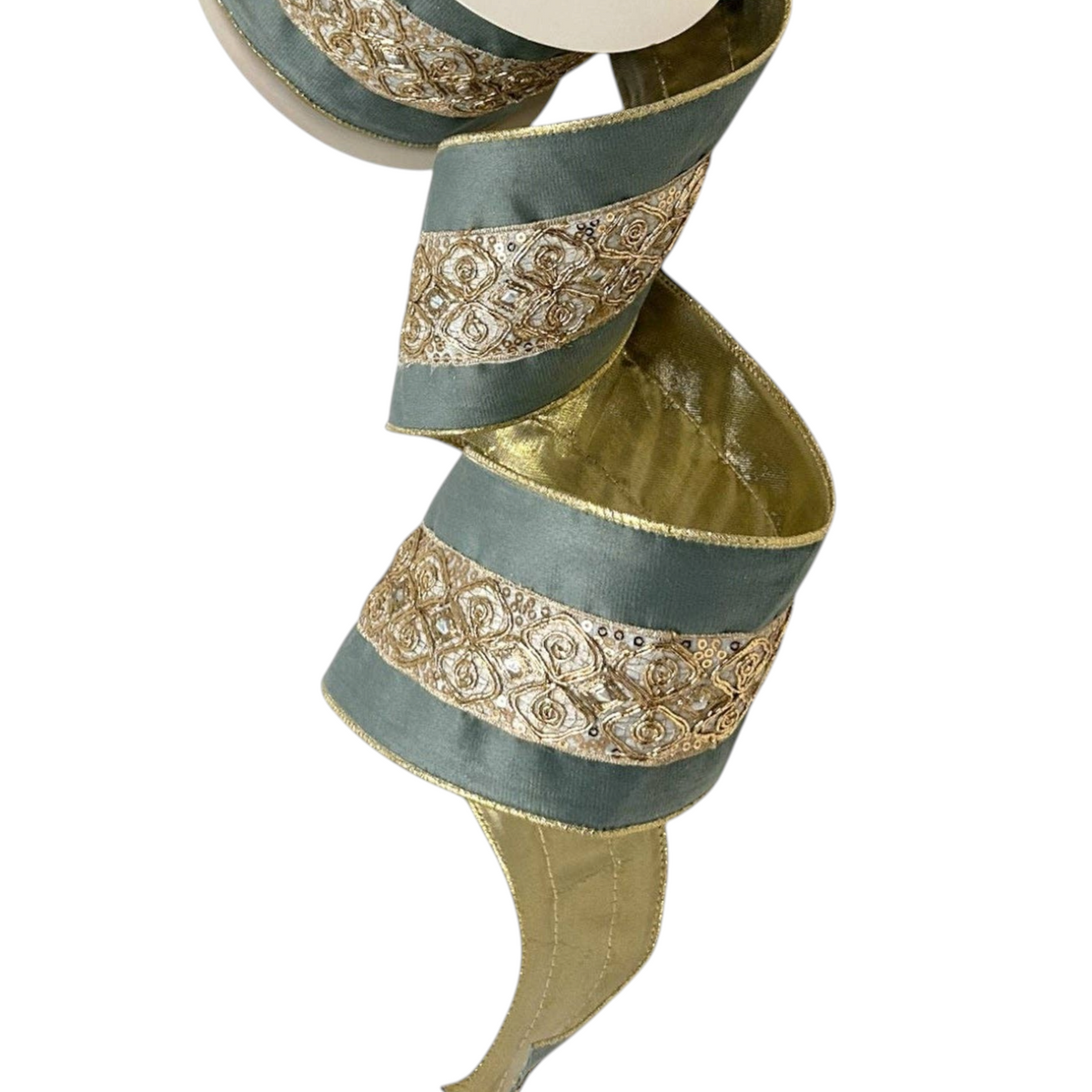 The Matthew John Collective soft aqua wired ribbon with intricate embossed gold trim and metallic gold backing.