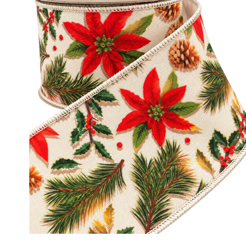 D. Stevens ivory wired ribbon featuring red poinsettias, pinecones, and evergreen foliage for Christmas decorating.