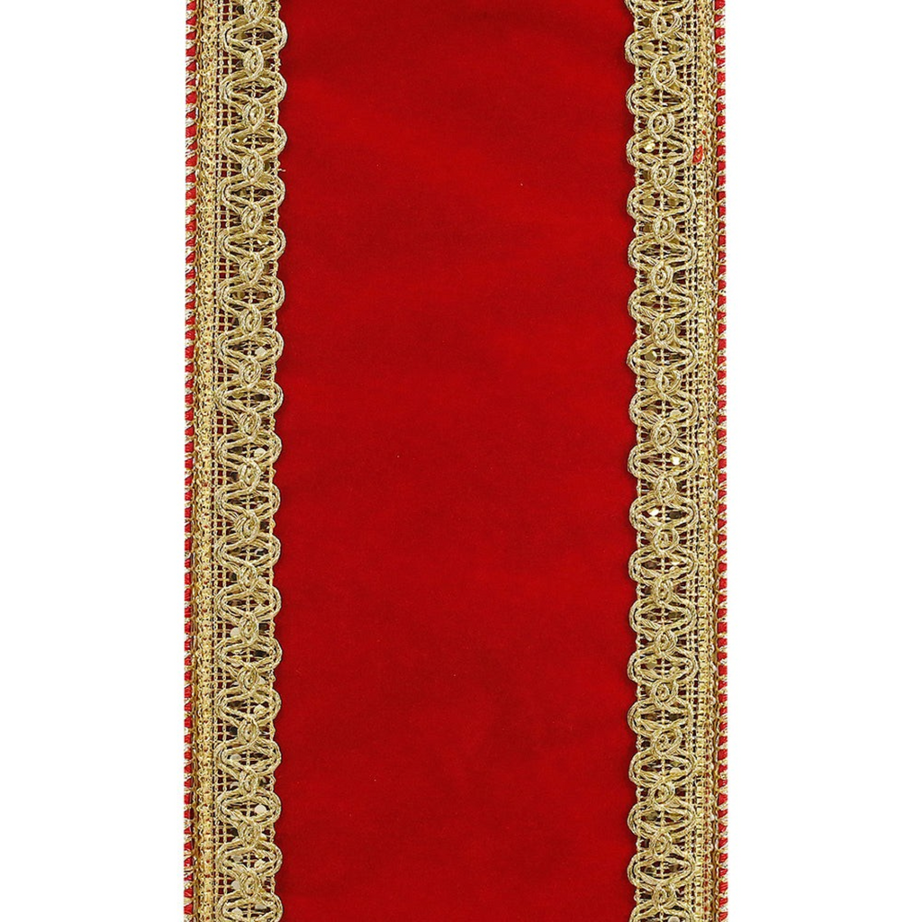 The Matthew John Collective red velvet wired ribbon with ornate gold royalty-style trim edges for holiday decor.