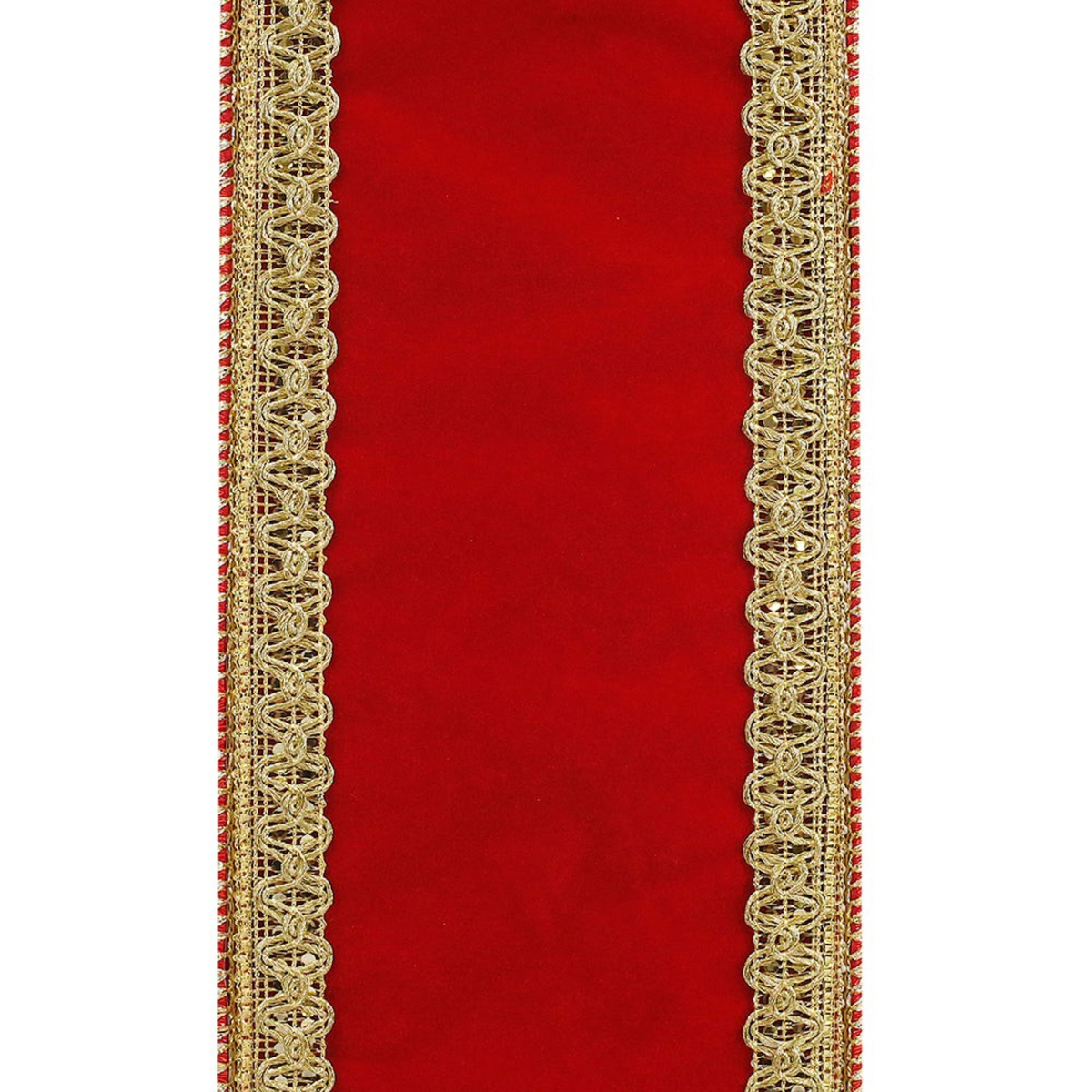 The Matthew John Collective red velvet wired ribbon with ornate gold royalty-style trim edges for holiday decor.