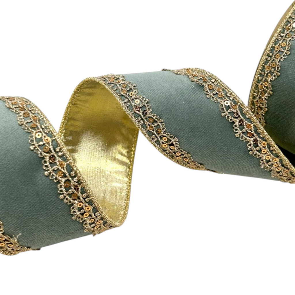 The Matthew John Collective aqua velvet wired ribbon with gold metallic lace trim and sequin detailing.