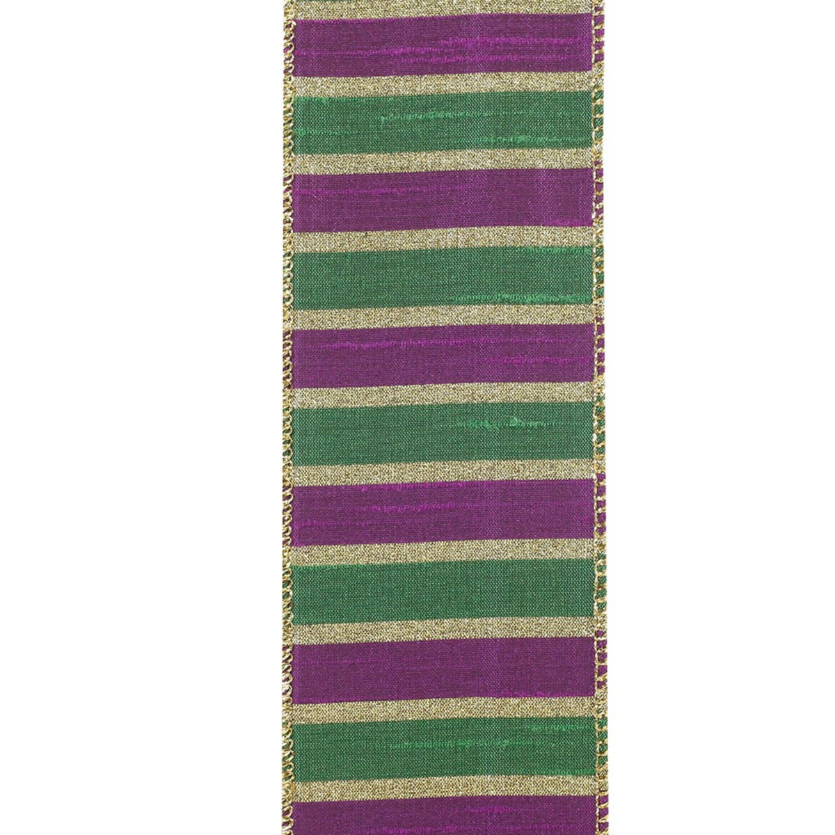 The Matthew John Collective 2.5-inch wired dupioni ribbon with purple, green, and gold Mardi Gras stripes.