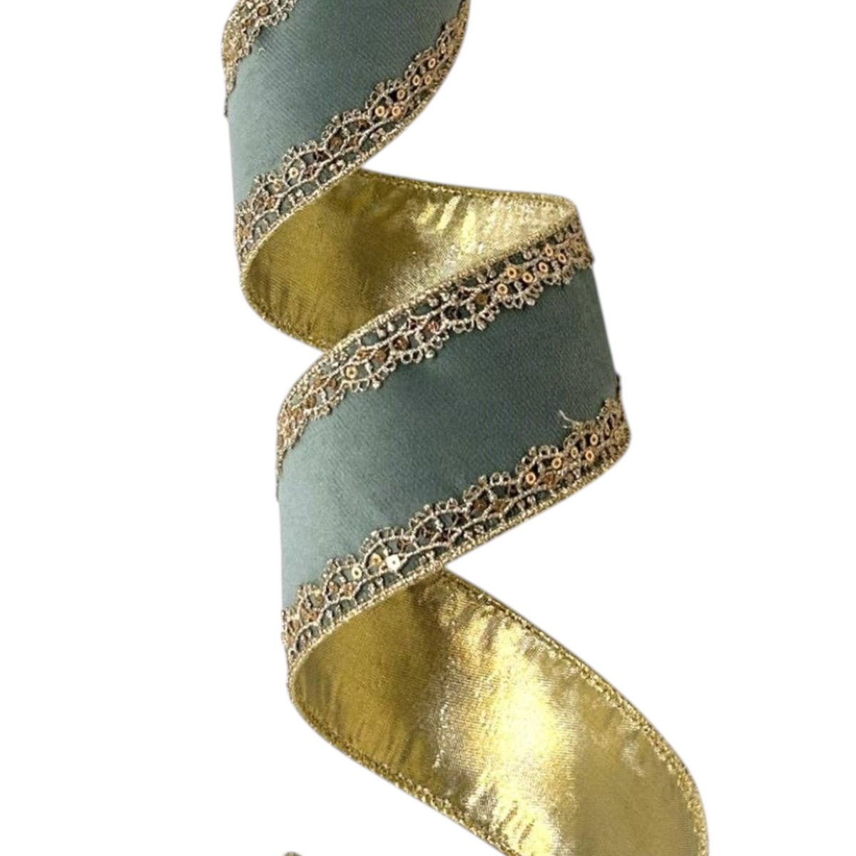 The Matthew John Collective aqua velvet wired ribbon with decorative gold metallic lace edging.