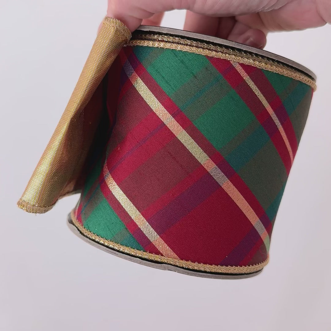 Christmas Plaid Dupioni Wired Ribbon, Red Green Gold, 4" x 10 Yards