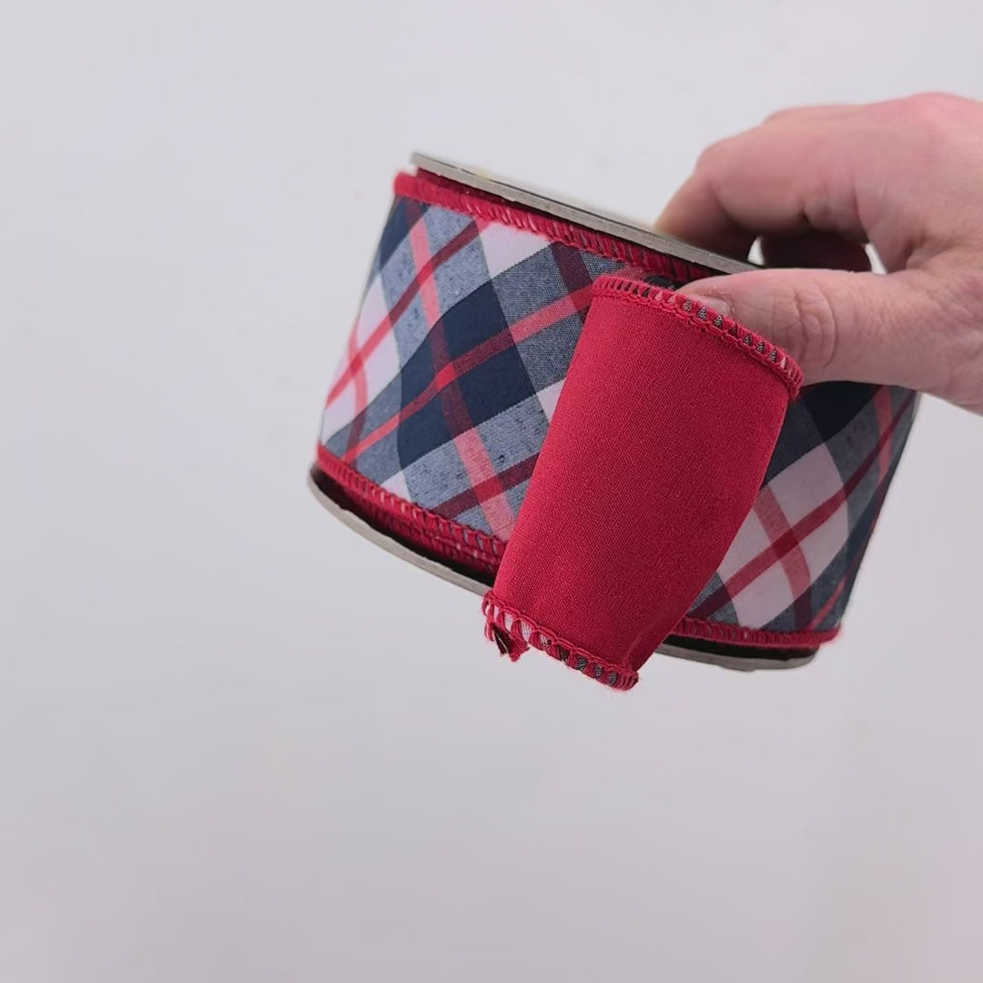 Navy Blue Red White Plaid Wired Dupioni Ribbon, 2.5" x 10 Yards