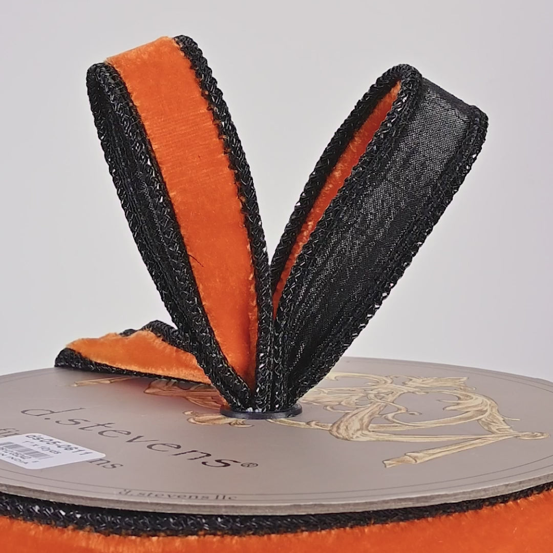 D. Stevens Orange Velvet and Black Metallic Dupioni Wired Ribbon, 1" x 10 Yards