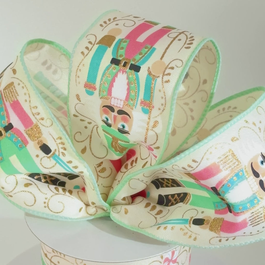 Pastel Nutcracker Christmas Wired Ribbon, Ivory Pink Mint, 2.5" x 10 Yards