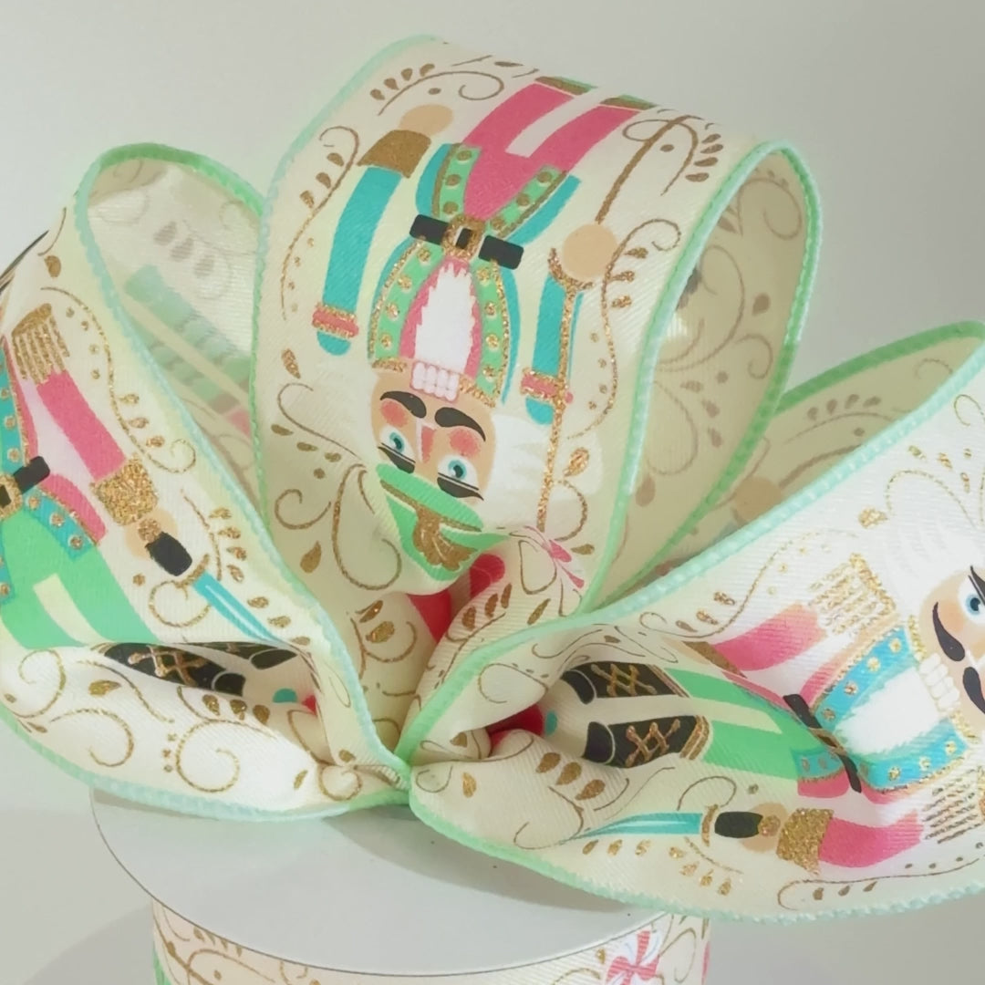 Pastel Nutcracker Christmas Wired Ribbon, Ivory Pink Mint, 2.5" x 10 Yards