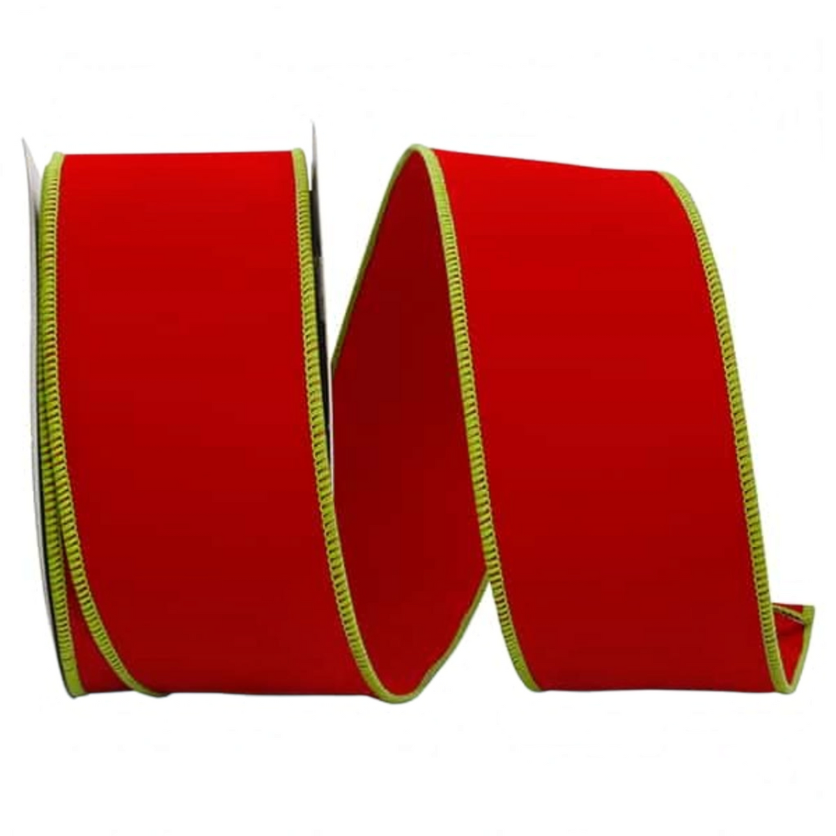 Reliant Ribbon two-sided red and lime velvet wired ribbon for holiday crafts and decorative bows.