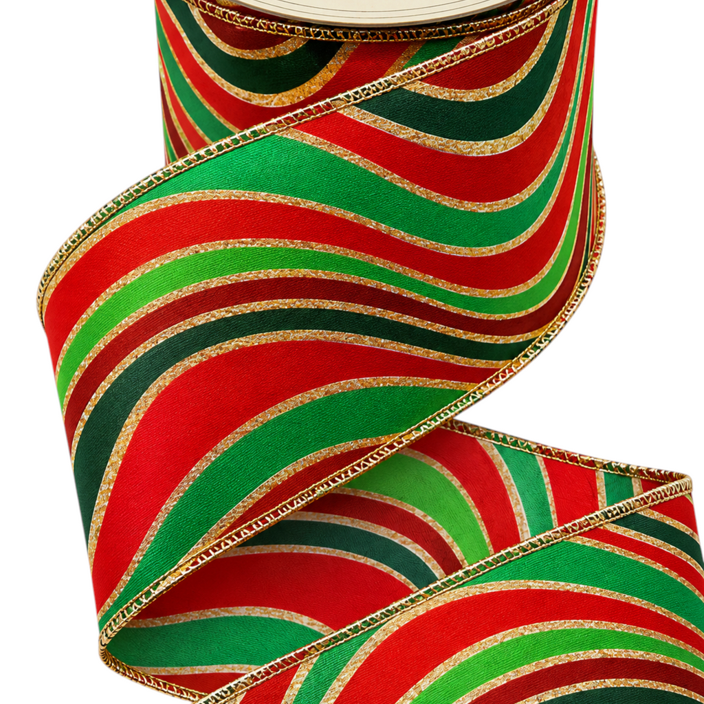The Matthew John Collective D. Stevens 4-inch poplin Christmas ribbon with red, green, and metallic gold wave pattern.