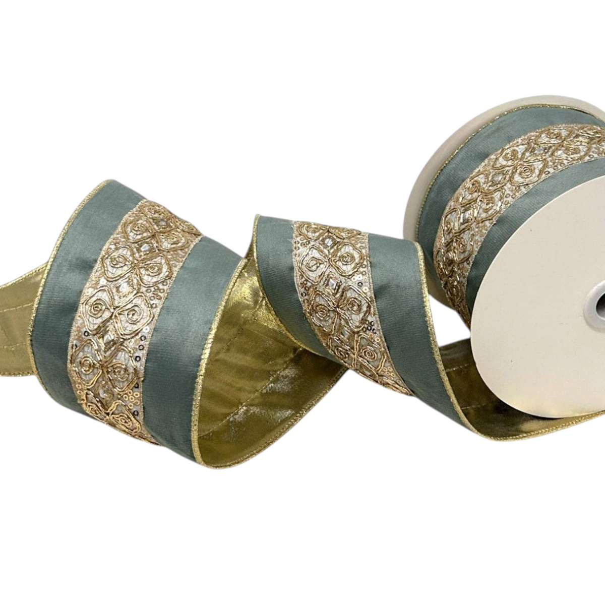 The Matthew John Collective soft aqua wired ribbon with embossed gold trim and metallic edges on a spool.