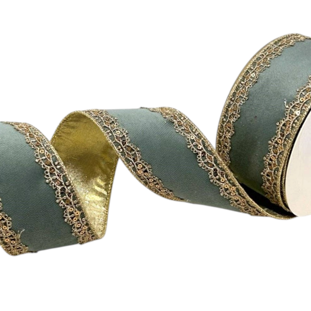 The Matthew John Collective aqua velvet wired ribbon with decorative gold metallic lace edging.