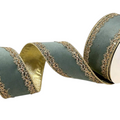 The Matthew John Collective aqua velvet wired ribbon with decorative gold metallic lace edging.