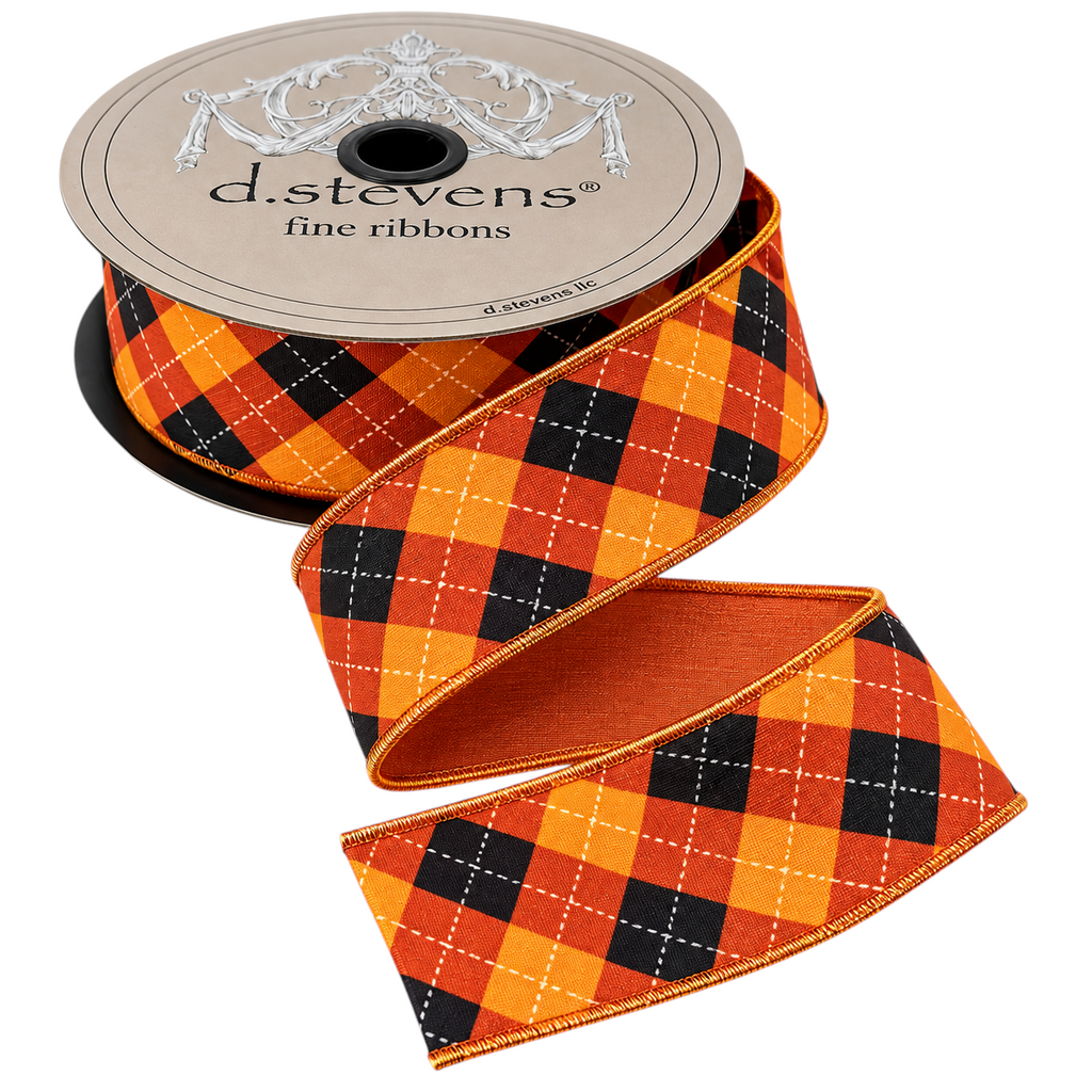 The Matthew John Collective D Stevens satin ribbon featuring an orange, black, and white argyle plaid with wired edges.