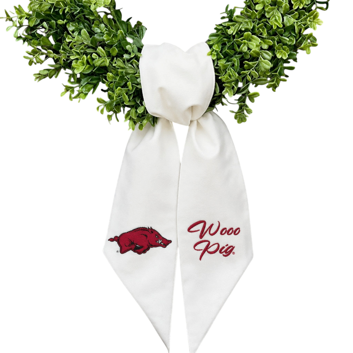 The Matthew John Collective white Arkansas wreath sash with red embroidered Razorback logo and Wooo Pig text