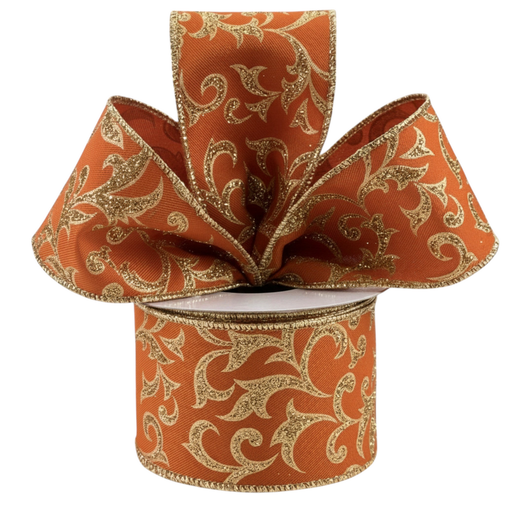 The Matthew John Collective autumn orange wired ribbon with gold glitter acanthus leaf pattern for seasonal decor