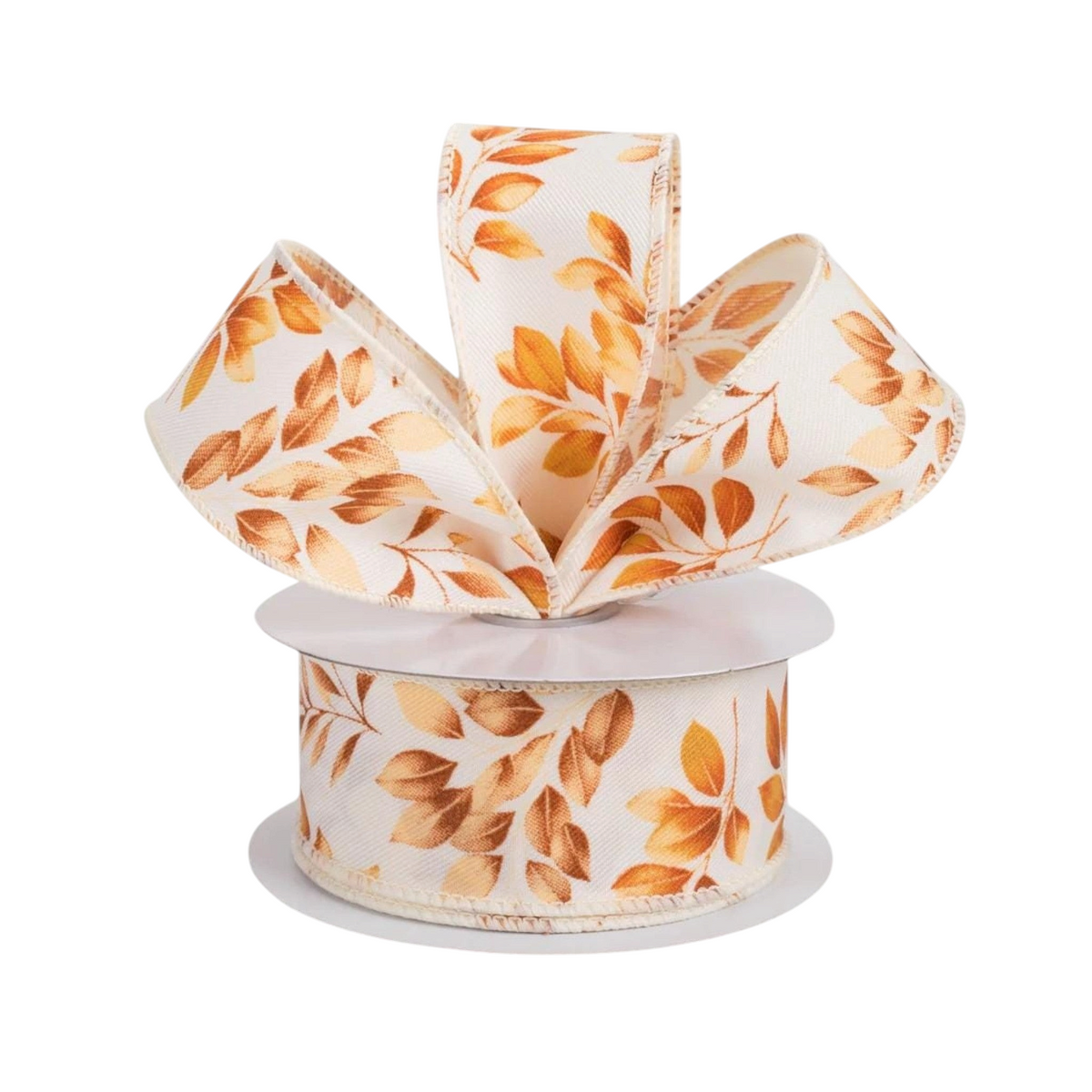 The Matthew John Collective ivory canvas ribbon with brown and orange autumn leaf print and wired edges.