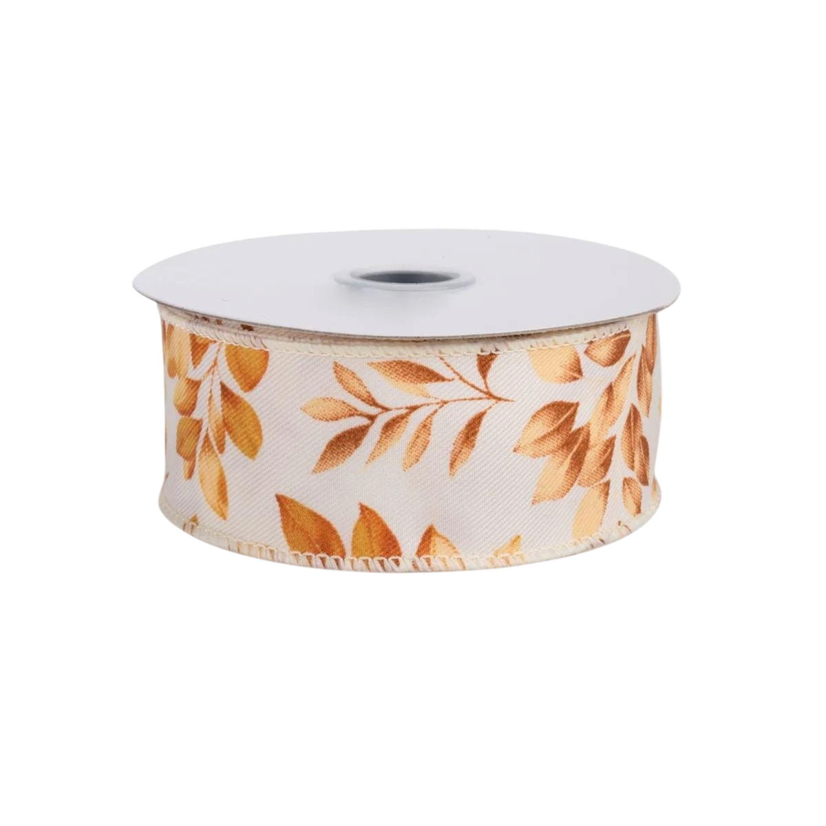 The Matthew John Collective ivory canvas ribbon with brown and orange autumn leaf pattern and wired edges.