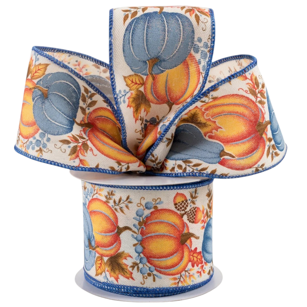 The Matthew John Collective wired autumn ribbon with pumpkins, gourds, and leaves in cream, orange, blue, and brown.