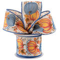 The Matthew John Collective wired autumn ribbon with pumpkins, gourds, and leaves in cream, orange, blue, and brown.