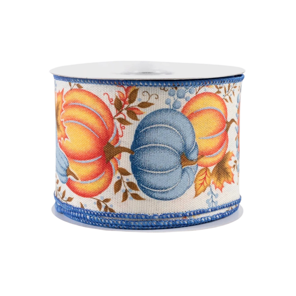 The Matthew John Collective wired autumn ribbon with cream base, orange and blue pumpkins, gourds, and fall leaves.