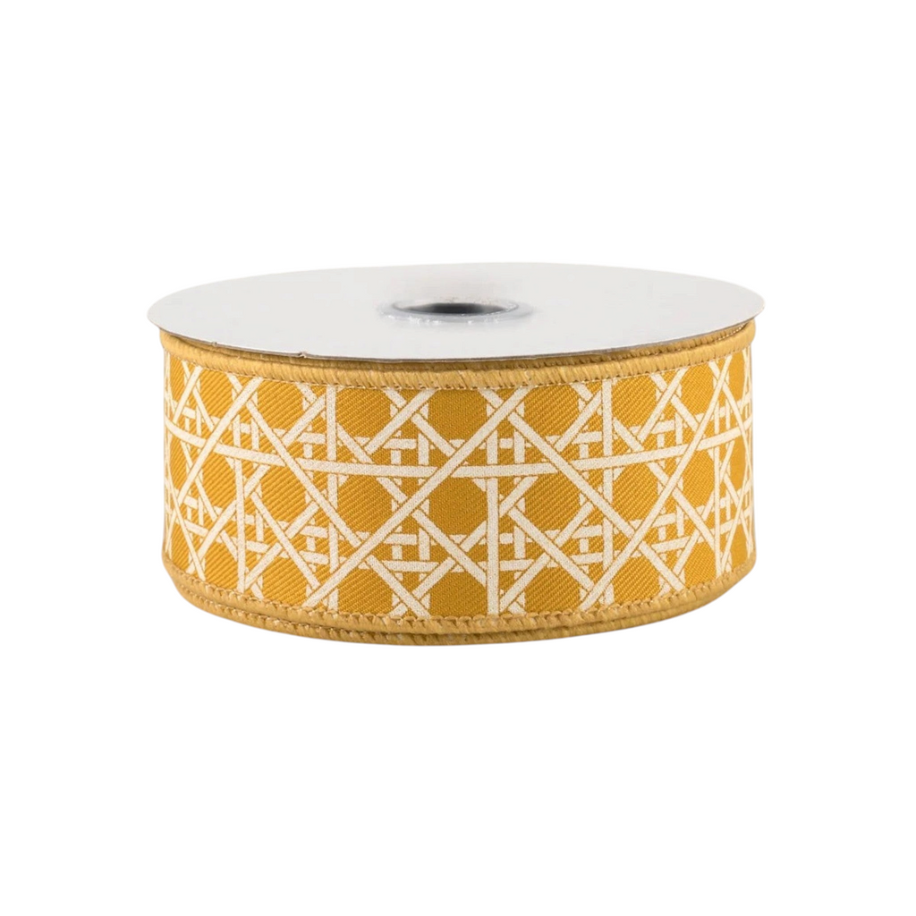 The Matthew John Collective 1.5-inch basket weave ribbon in dark yellow and ivory for seasonal crafts and decor.