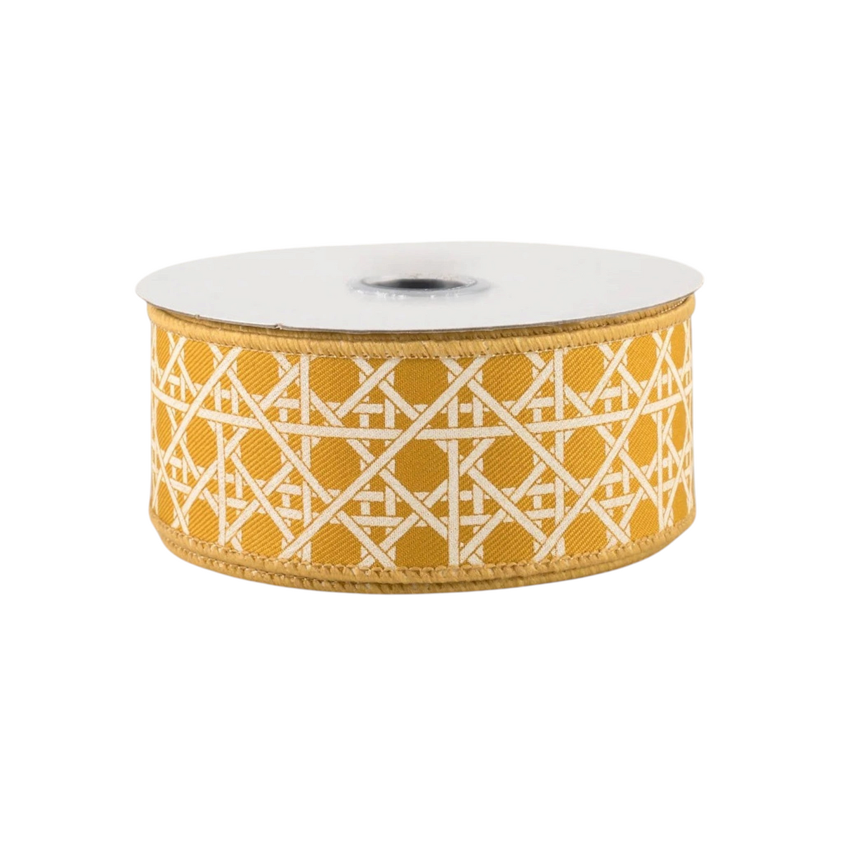 The Matthew John Collective 1.5-inch basket weave ribbon in dark yellow and ivory for seasonal crafts and decor.