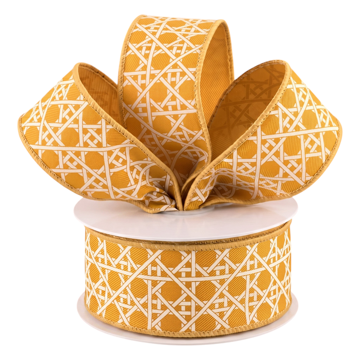 The Matthew John Collective 1.5 inch dark yellow and ivory basket weave ribbon on a spool with a decorative bow.