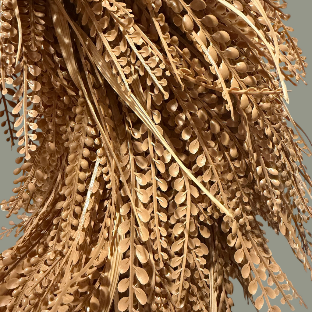 The Matthew John Collective 28-inch beige bead and blade grass wreath with UV-protected organic textured foliage.