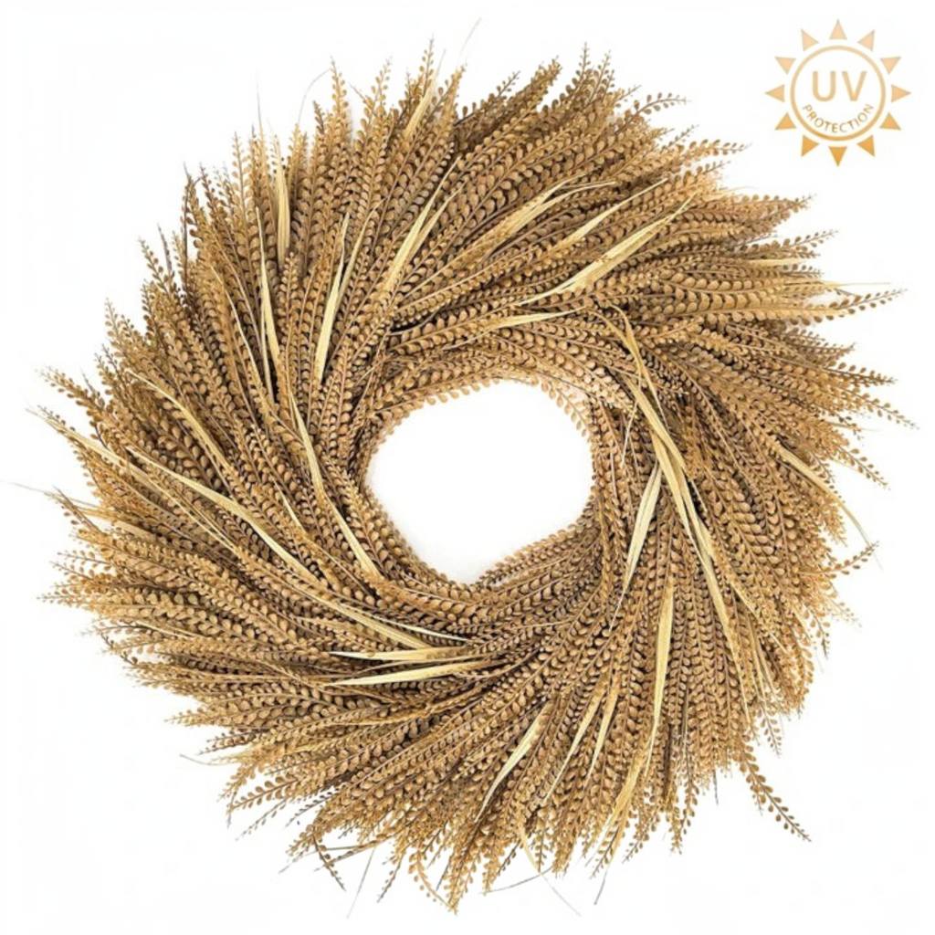 The Matthew John Collective 28-inch round beige bead and blade grass wreath with UV-protected finish for outdoor decor.