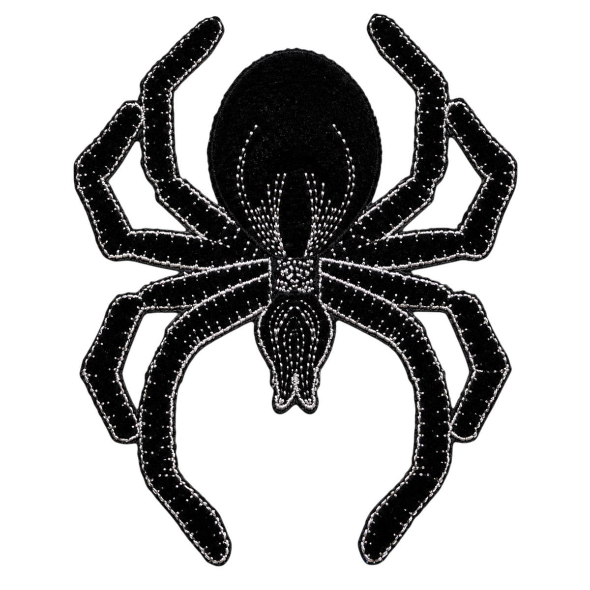 The Matthew John Collective 6-inch black felt spider with silver embroidered stitching for Halloween craft decor.