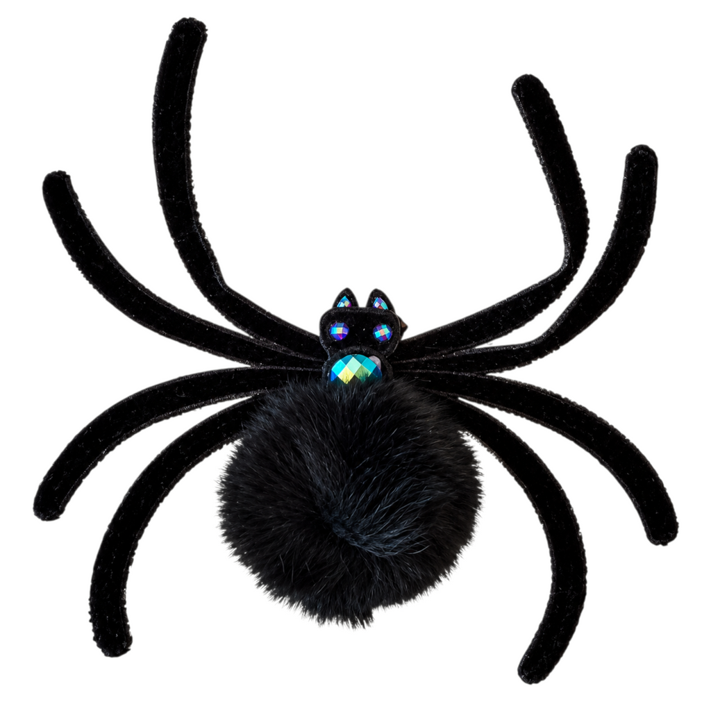 The Matthew John Collective 7-inch black felt spider with plush body, flexible legs, and jeweled accents for Halloween