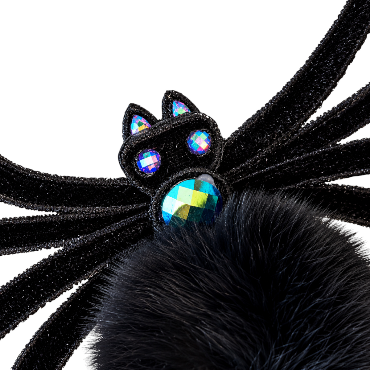 The Matthew John Collective 7-inch black felt spider with iridescent jeweled eyes and a soft plush body for Halloween.
