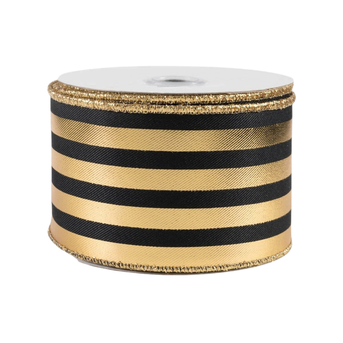 The Matthew John Collective black and gold metallic striped wired canvas ribbon on a spool for decorative crafts.