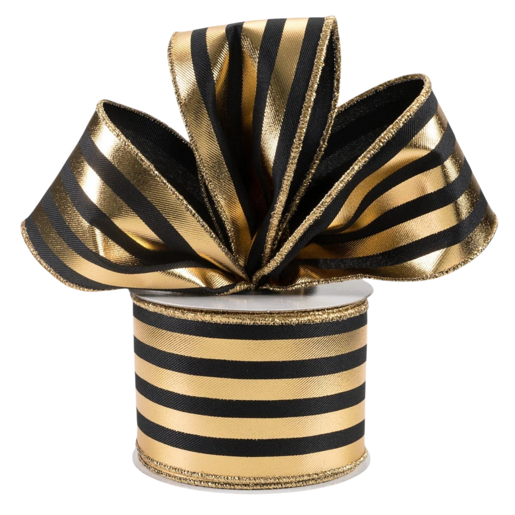 The Matthew John Collective black and gold metallic striped wired canvas ribbon shaped into a decorative bow