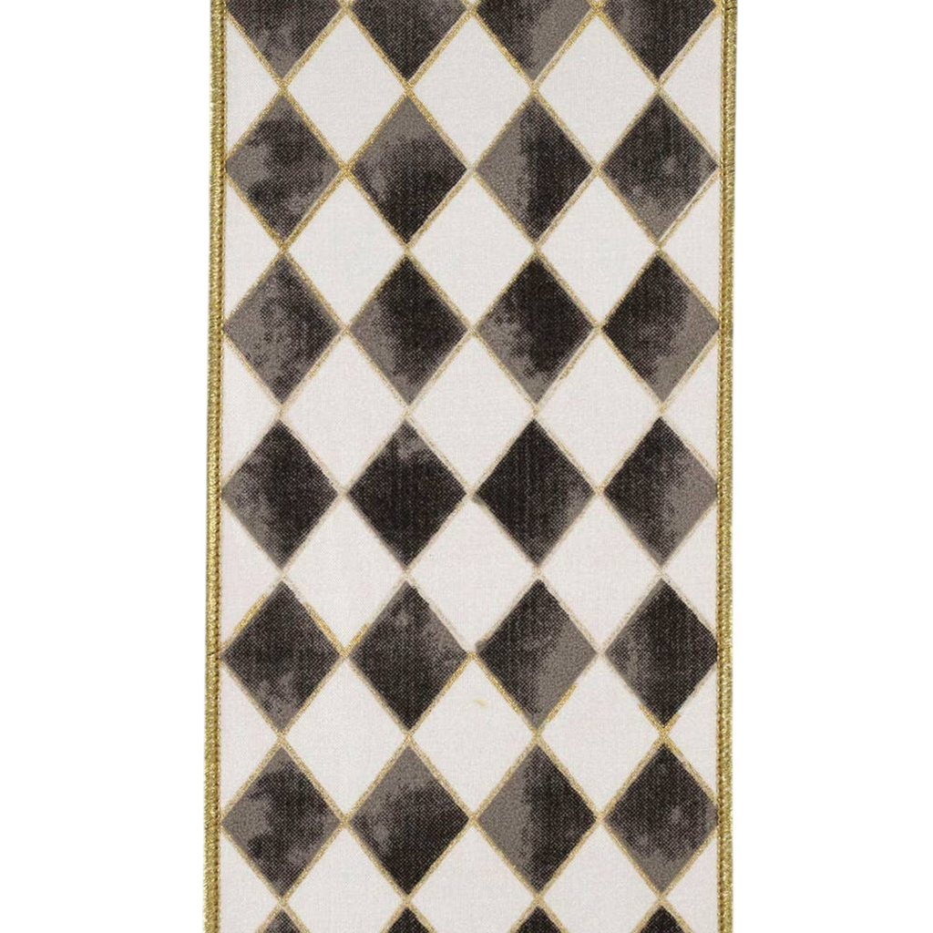 The Matthew John Collective black and white harlequin diamond ribbon with metallic gold outlines and wired edges.