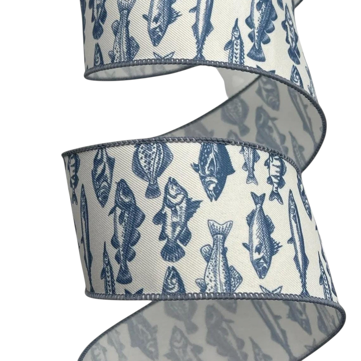The Matthew John Collective blue fish print ribbon with a textured cream background for luxury wreath making