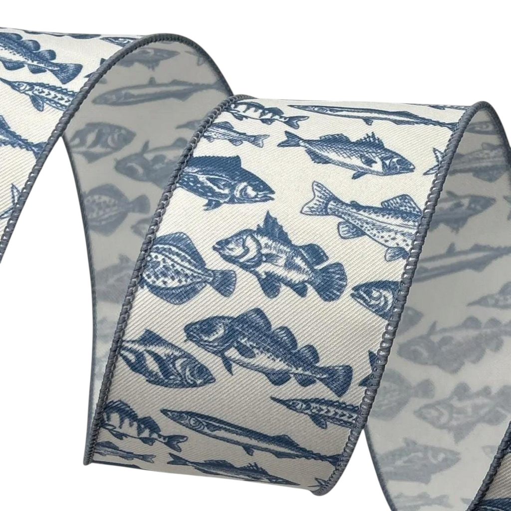 The Matthew John Collective blue fish patterned ribbon, 2.5 inch wide decorative fabric for wreaths and bows.