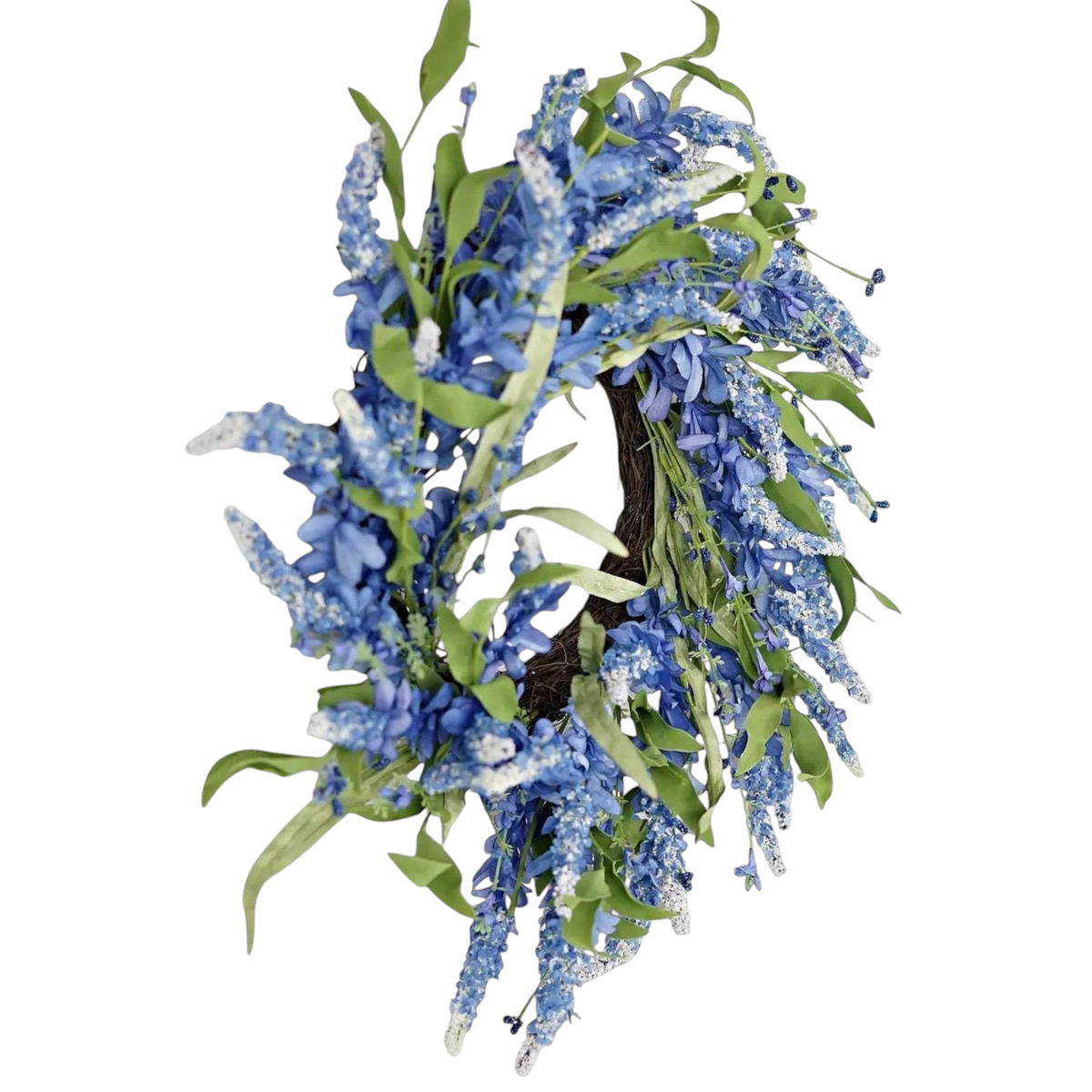 The Matthew John Collective 24-inch blue floral wreath with periwinkle clusters, white-tipped botanicals, and greenery.