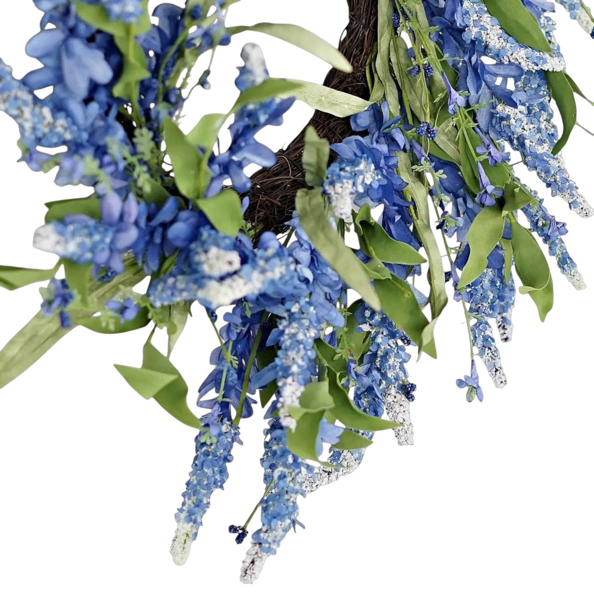The Matthew John Collective 24-inch blue floral wreath with periwinkle clusters, white-tipped botanicals, and greenery.