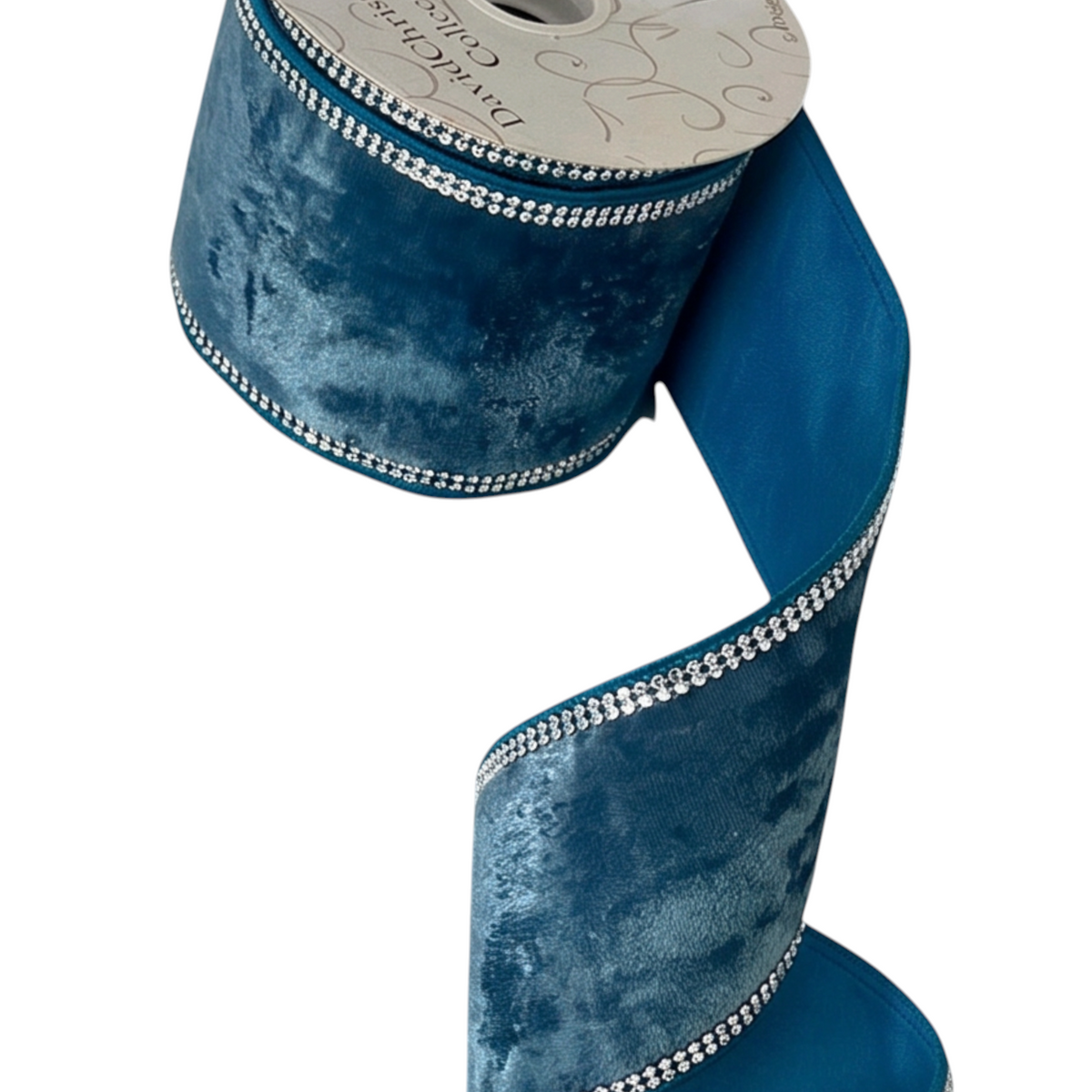 The Matthew John Collective blue velvet wired ribbon featuring a sparkling rhinestone trim for seasonal decor.